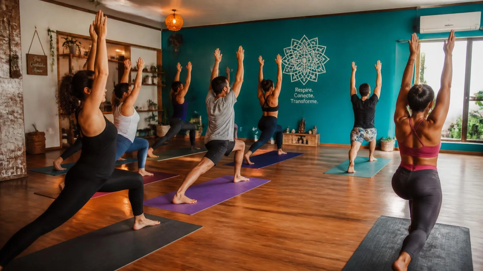 Turma praticando Yoga Integral em ambiente acolhedor no Natureza Interior, Mogi das Cruzes